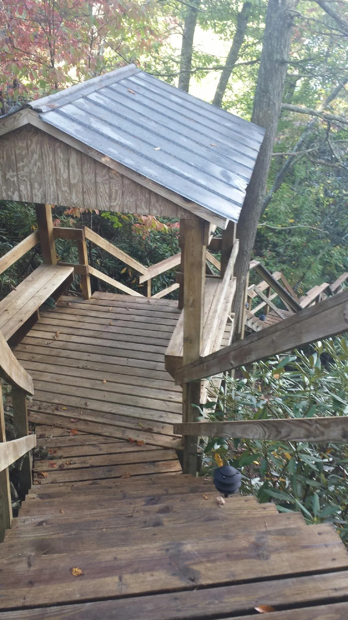 Metal roofed shelter over wooden steps on a wooded walkway — Skylight Repair & Installation work by our crew in Cosby